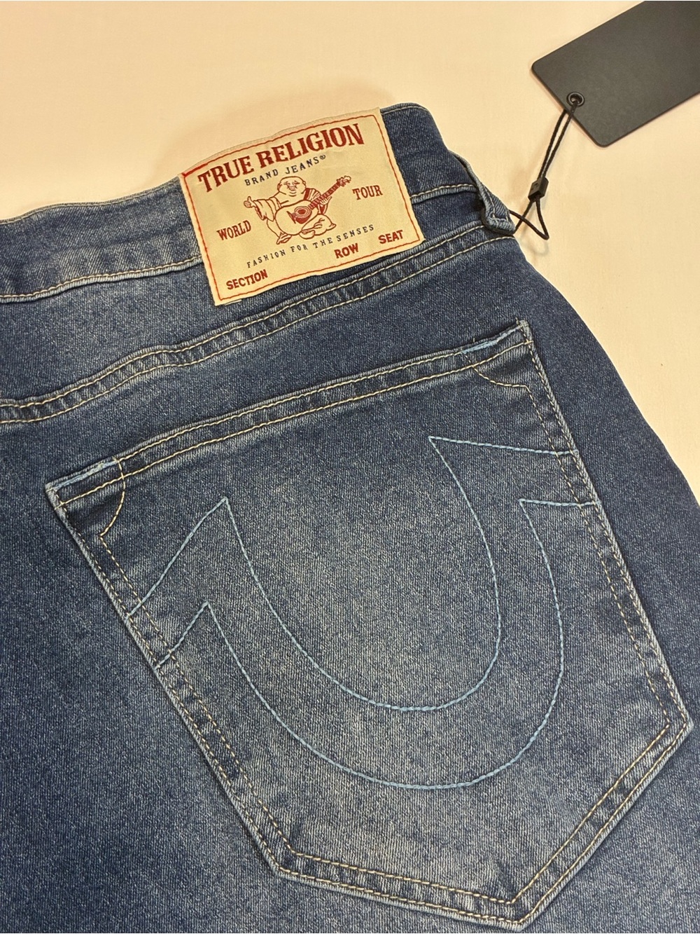 True Religion Men's Dark Blue Denim Jeans with Blue Logo Patches - Picture 11 of 11